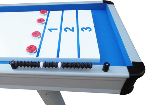 Playcraft Extera 12' silver outdoor shuffleboard table with three red pucks and score counter.