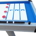 Playcraft Extera 12' silver outdoor shuffleboard table with three red pucks and score counter.
