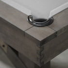 Close-up of Nixon Georgia 8' pool table in Grayson Grey by Nixon Billiards, black pocket visible.