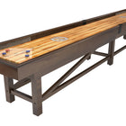 The Champion Sheffield 20' Shuffleboard Table features a polymer-coated wooden playing surface with pucks.