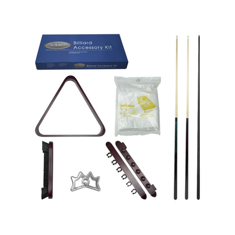 Imperial Silver Accessory Kit, Mahogany: 2 cues, rack, brush, chalk, holder & bridge head.