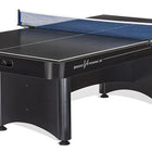 Brunswick Billiards OAKLAND II 8' Pool Table in black with storage drawers and blue net, side view.