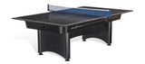 Brunswick Billiards OAKLAND II 8' Pool Table in black with storage drawers and blue net, side view.