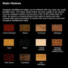 Twelve wood stain samples for your Champion Rustic 9' Shuffleboard Table, labeled by color name.