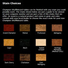 Twelve wood stain samples for Champion Sheffield 12' Shuffleboard Table on black background.