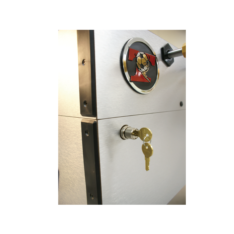 Close-up of the Tornado T-3000 Foosball Table in silver, featuring coin operation and logo.