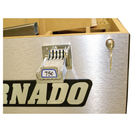 Close-up of a 75¢ coin slot and key lock on Tornado T-3000 Foosball Table (Silver, Coin).