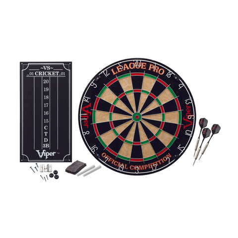 Viper League Pro Sisal Dartboard Starter Kit includes scoreboard, 3 darts, chalk, eraser & hardware.