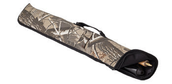 A Viper Licensed Realtree soft camo cue case, partially open with contents visible.