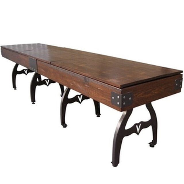 Venture Williamsburg 12' Shuffleboard Table with metal legs and brackets, angled view.