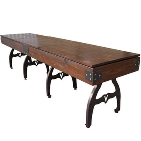 Venture Williamsburg 12' Shuffleboard Table with metal legs and brackets, angled view.
