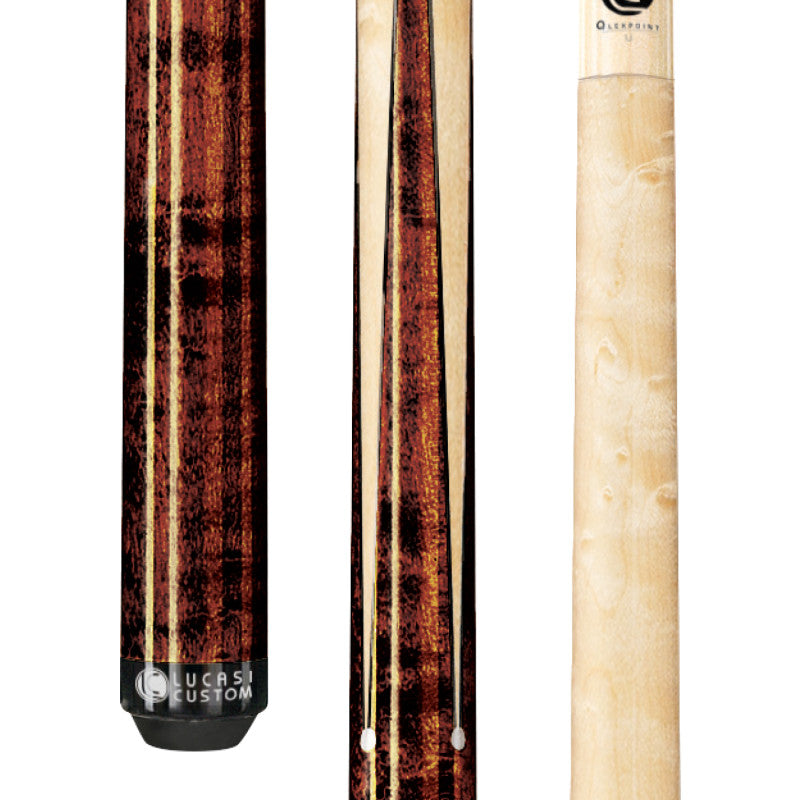 Close-up of Lucasi LZ2000SP Sneaky Pete pool cue with low deflection shaft and wood grains.