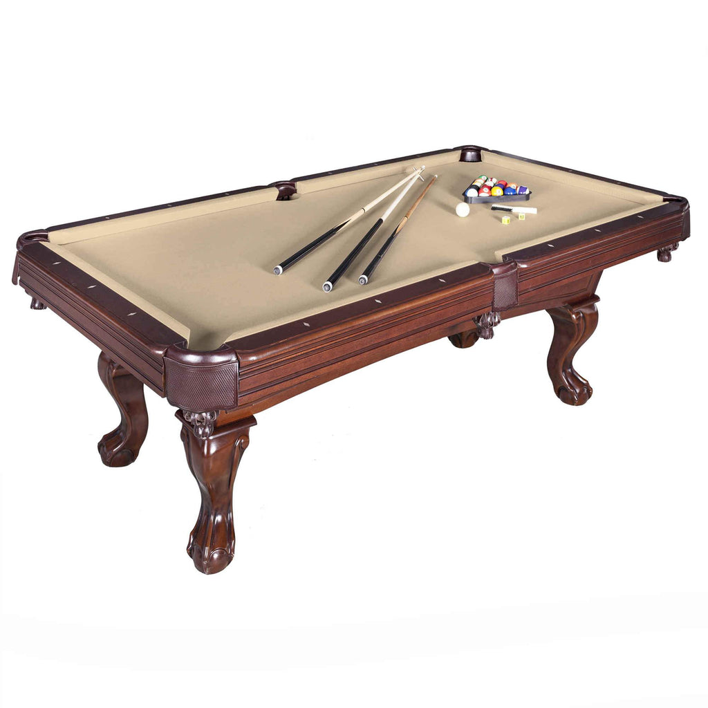 Carmelli Augusta 8' pool table in walnut with cues, balls, and triangle on tan felt.